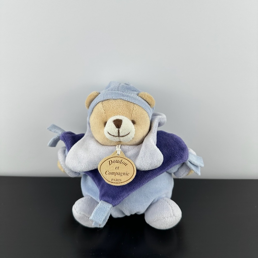DouDou et Compagnie Paris France Rare Teddy Bear Ball 6" Blue Beige Ours Plush
